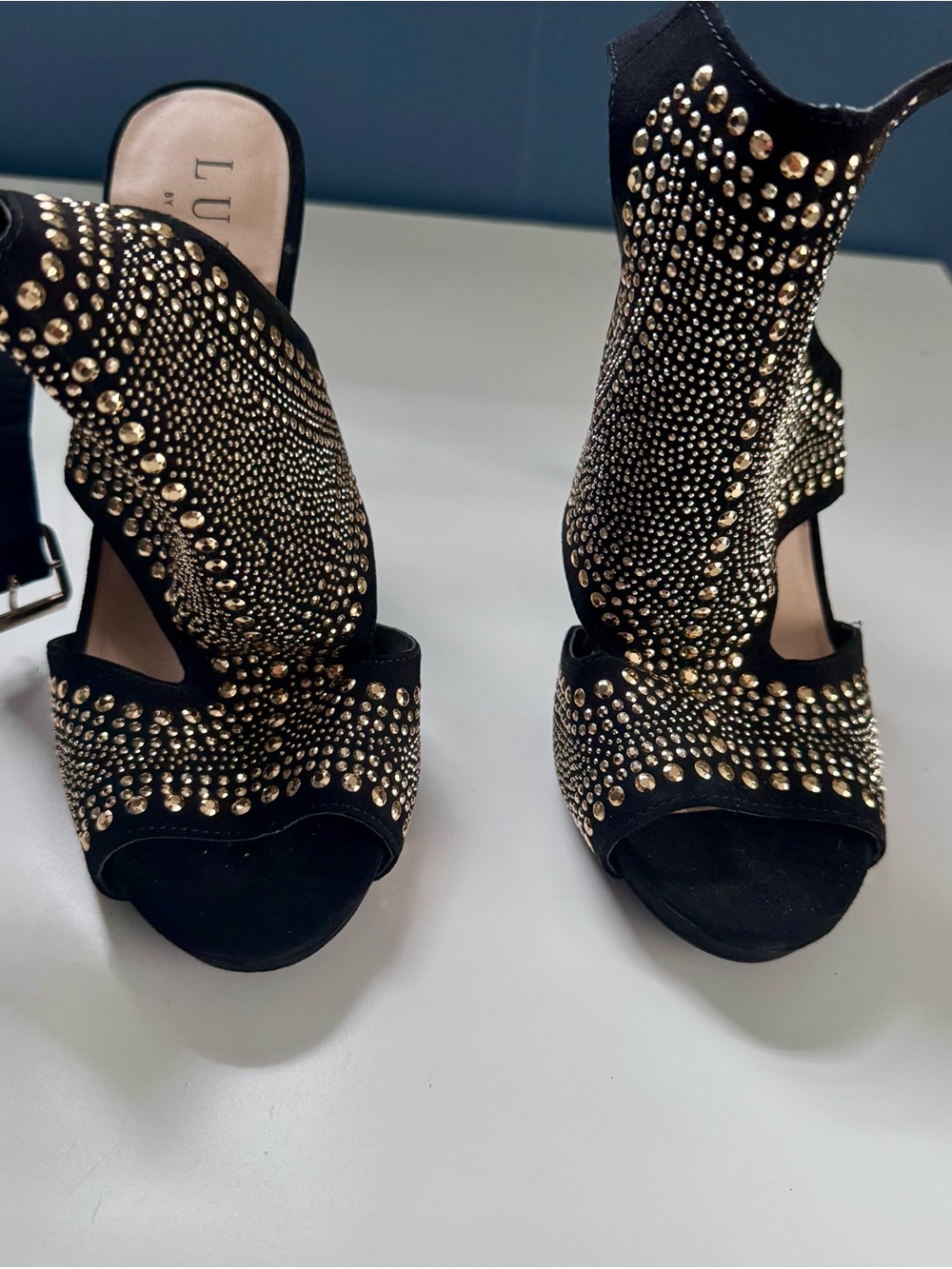 Luxe Black Suede Heels with Gold Stud Embellishments